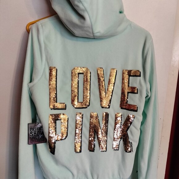 Victoria’s Secret LOVE PINK zip front velour fur lined hoodie teal sequin NWT - Picture 4 of 4